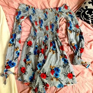 rue21 gray striped floral off the shoulder romper